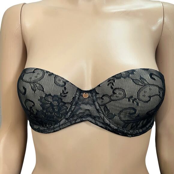 Natori Calais Strapless Bra 32B Lace Underwired Lightly Lined Molded Black Nude - Picture 1 of 10